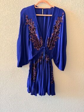 FREE PEOPLE Pretty Pineapple Embroidered Royal Blue Boho Peasant Dress Sz Small